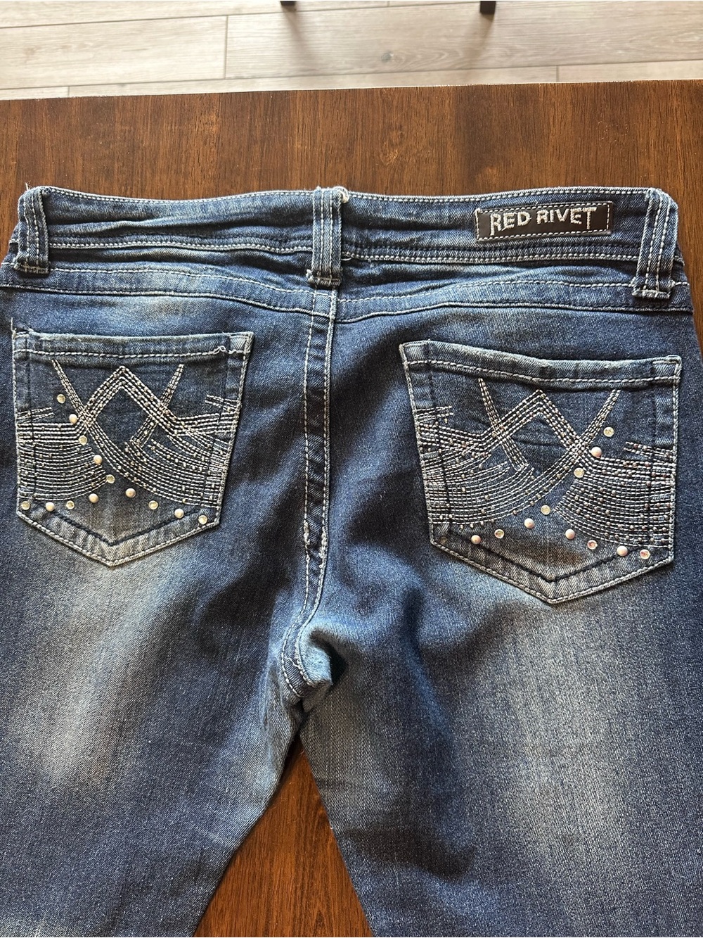 Red Rivet Size 13 Skinny Jeans Blue Denim Rhinestone Embellished Pockets Y2K - Picture 9 of 13